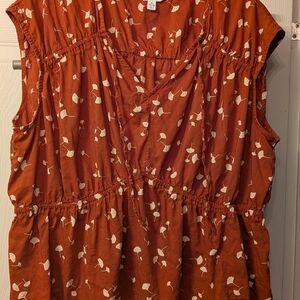 Time and Tru Rust Sleeveless Top with White Leaf Pattern